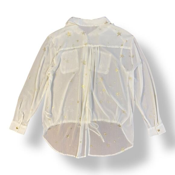 Free People White Semi Sheer Gold Stars Button up Top Size Small Boho - Picture 5 of 7